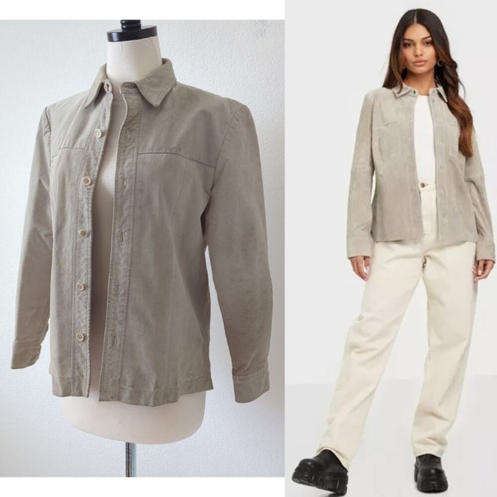Vintage Y2K Leather Suede‎ Tan Cream Beige Shacket Shirt Jacket Size Small Heavy